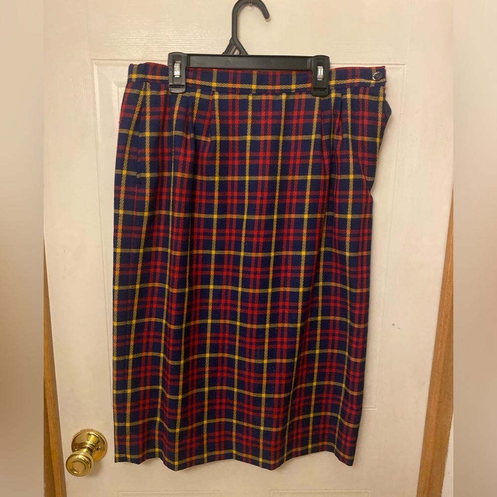 VTG Pendleton A-Line Pencil Skirt in Red Yellow and Blue Tartan Plaid 12